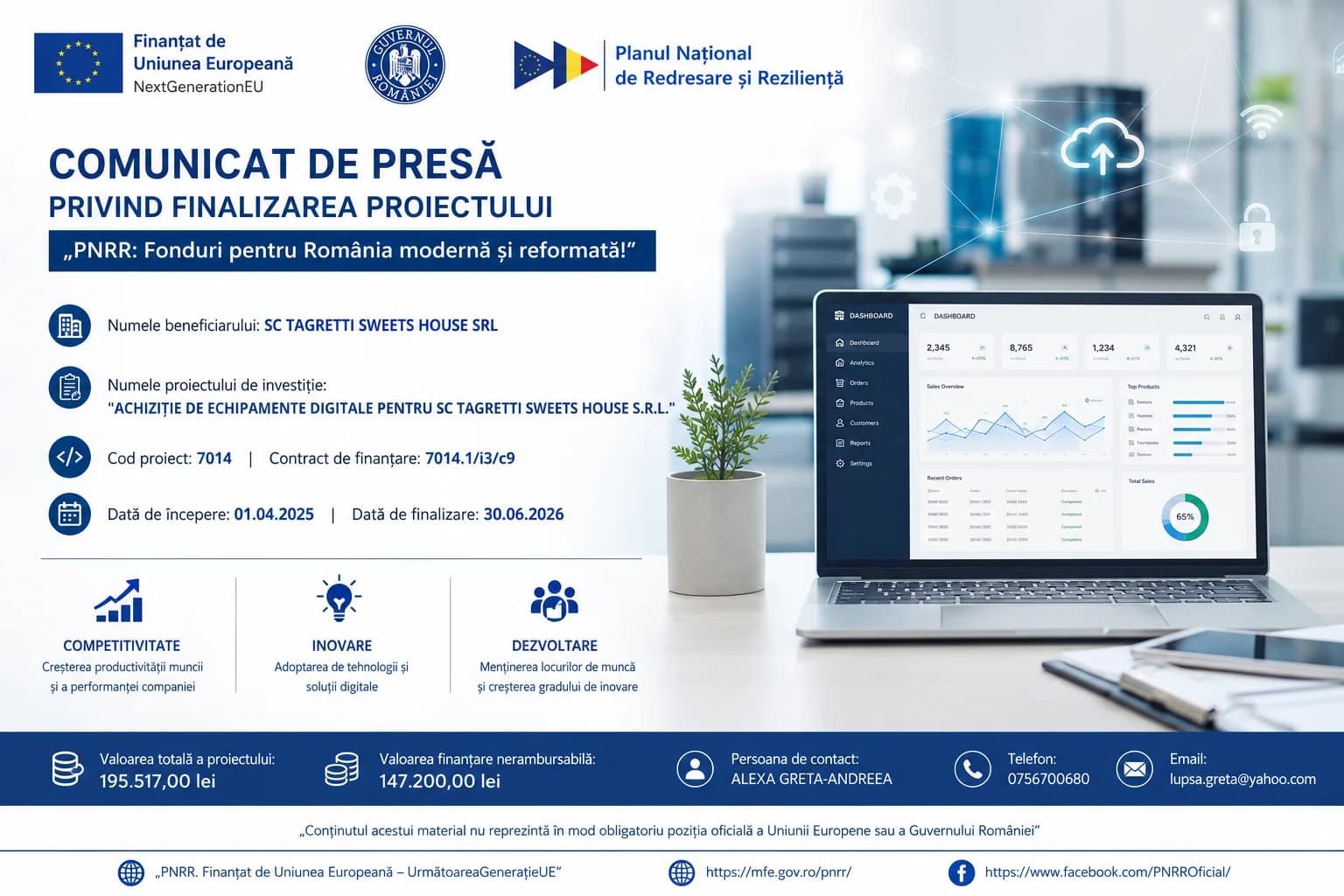 TAGRETTI SWEETS HOUSE SRL a finalizat proiectul de digitalizare finanțat prin PNRR