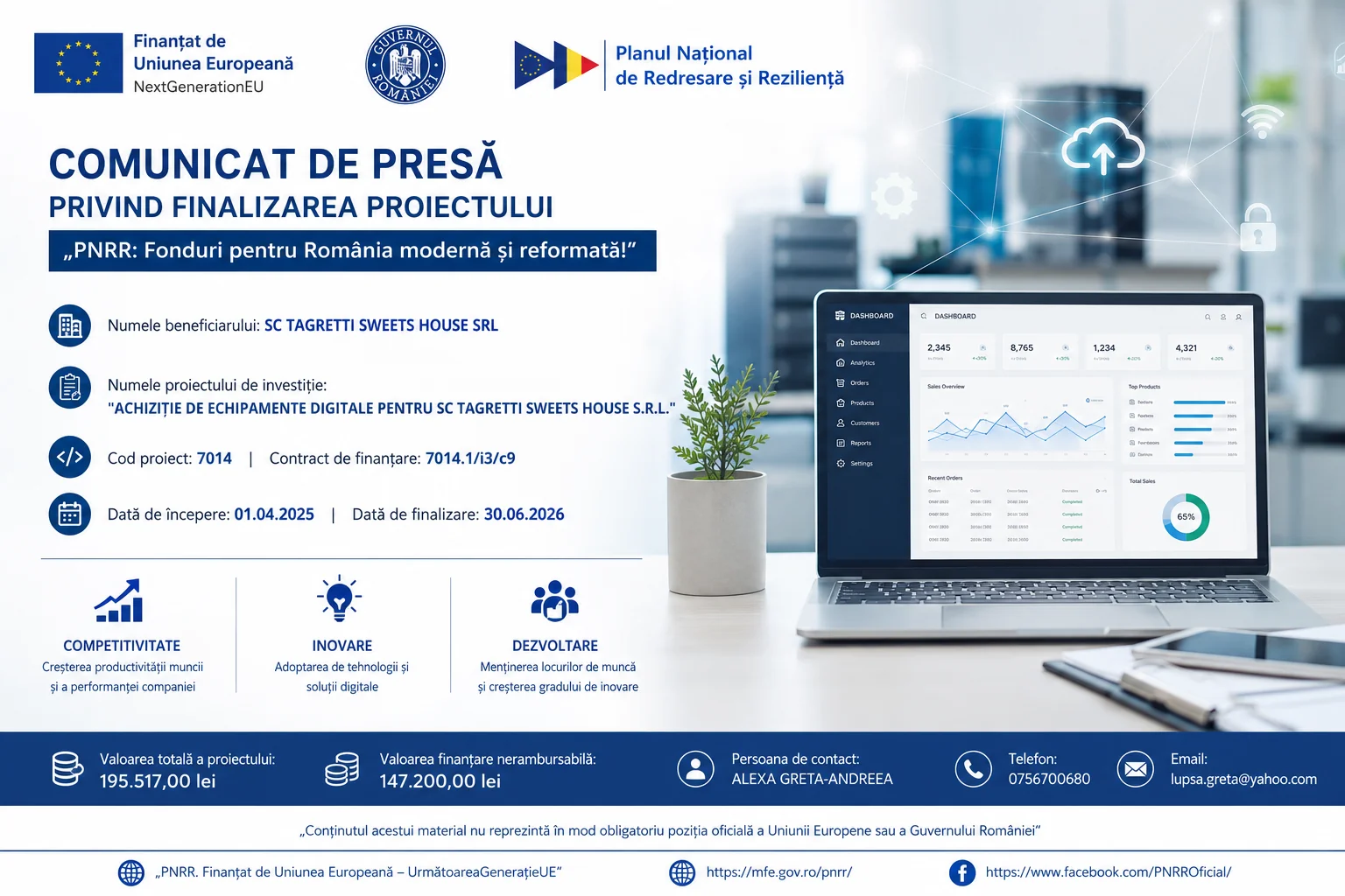 TAGRETTI SWEETS HOUSE SRL a finalizat proiectul de digitalizare finanțat prin PNRR